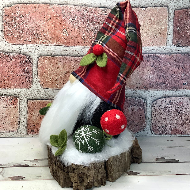 Red Tartan Plaid Gnome & Flora on Natural Tree Stump/Christmas