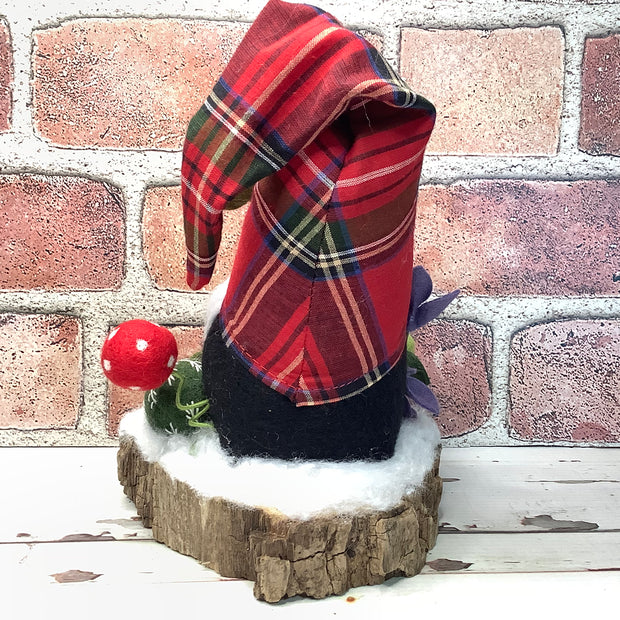 Red Tartan Plaid Gnome & Flora on Natural Tree Stump/Christmas