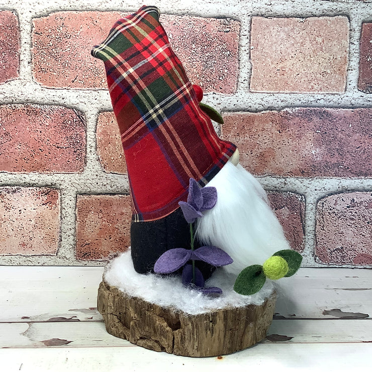 Red Tartan Plaid Gnome & Flora on Natural Tree Stump/Christmas