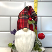 Red Tartan Plaid Gnome & Flora on Natural Tree Stump/Christmas