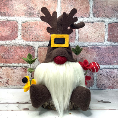 Rudolph Gnome & Flora on Natural Tree Stump/Christmas