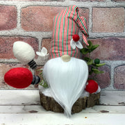 Christmas Stripe Gnome, Lights & Flora on Natural Tree Stump/Christmas