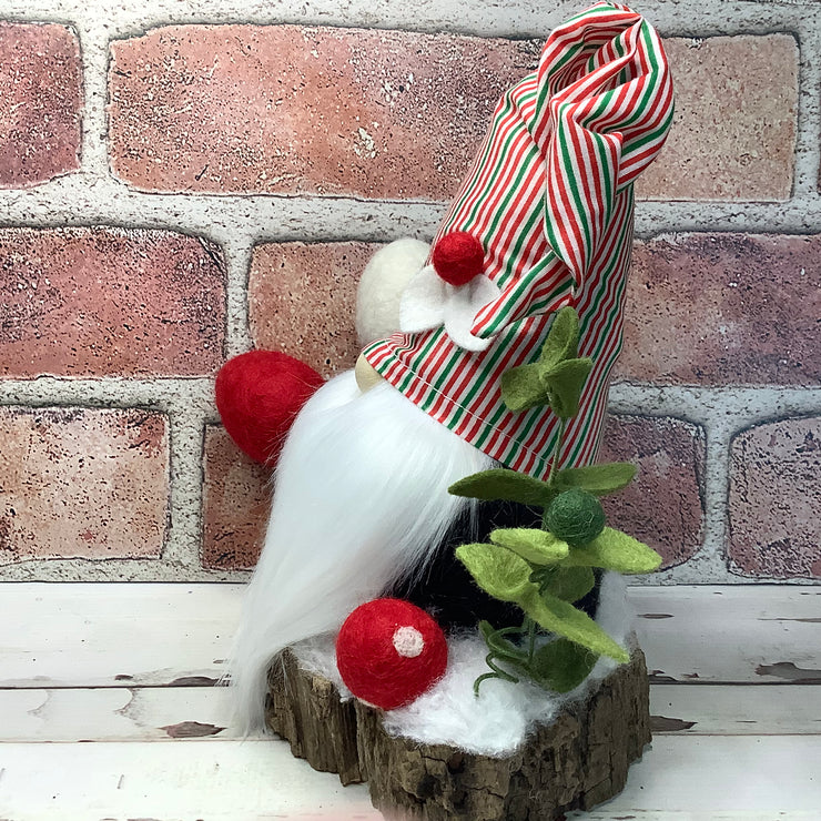 Christmas Stripe Gnome, Lights & Flora on Natural Tree Stump/Christmas