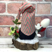 Christmas Stripe Gnome, Lights & Flora on Natural Tree Stump/Christmas