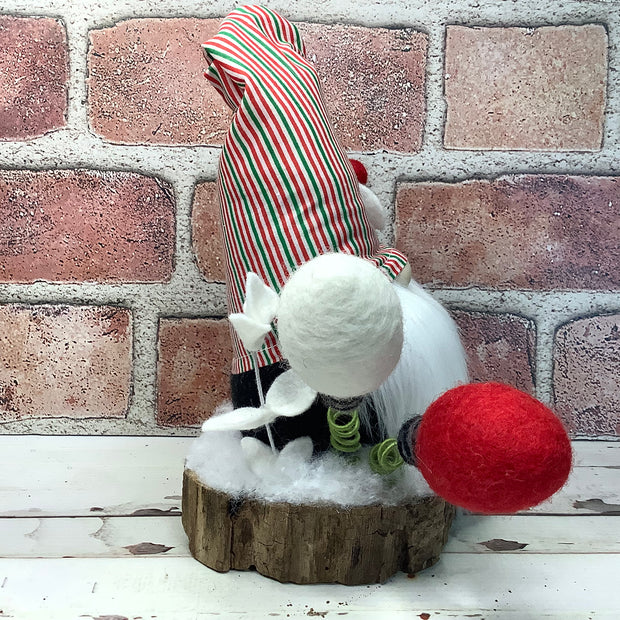 Christmas Stripe Gnome, Lights & Flora on Natural Tree Stump/Christmas