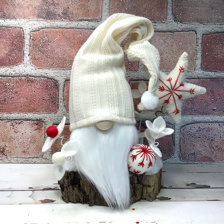 Winter White Gnome with White Star & Flora on Natural Tree Stump/Christmas