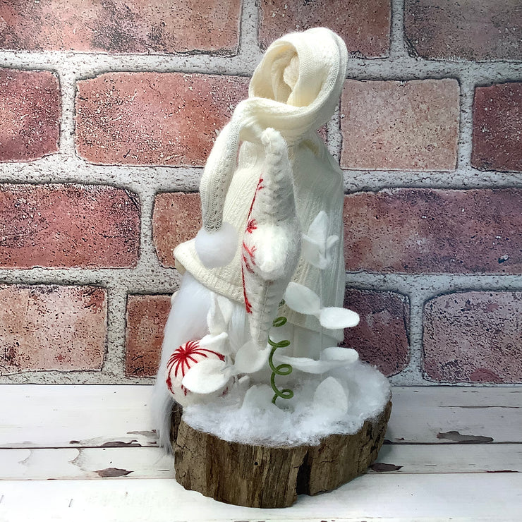 Winter White Gnome with White Star & Flora on Natural Tree Stump/Christmas