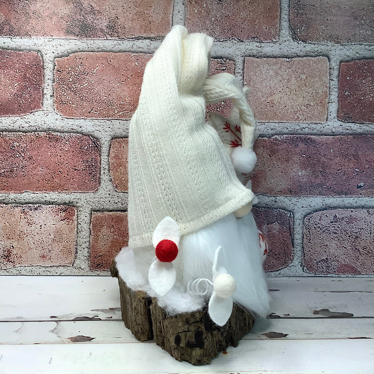 Winter White Gnome with White Star & Flora on Natural Tree Stump/Christmas