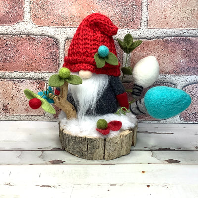 Grey & Red Gnome, Lights & Flora on Natural Tree Stump/Christmas