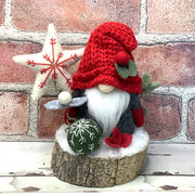 Grey & Red Gnome, White Star & Flora on Natural Tree Stump/Christmas