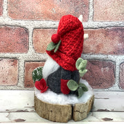 Grey & Red Gnome, White Star & Flora on Natural Tree Stump/Christmas