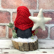 Grey & Red Gnome, White Star & Flora on Natural Tree Stump/Christmas