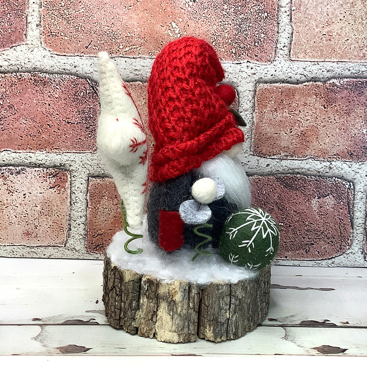 Grey & Red Gnome, White Star & Flora on Natural Tree Stump/Christmas