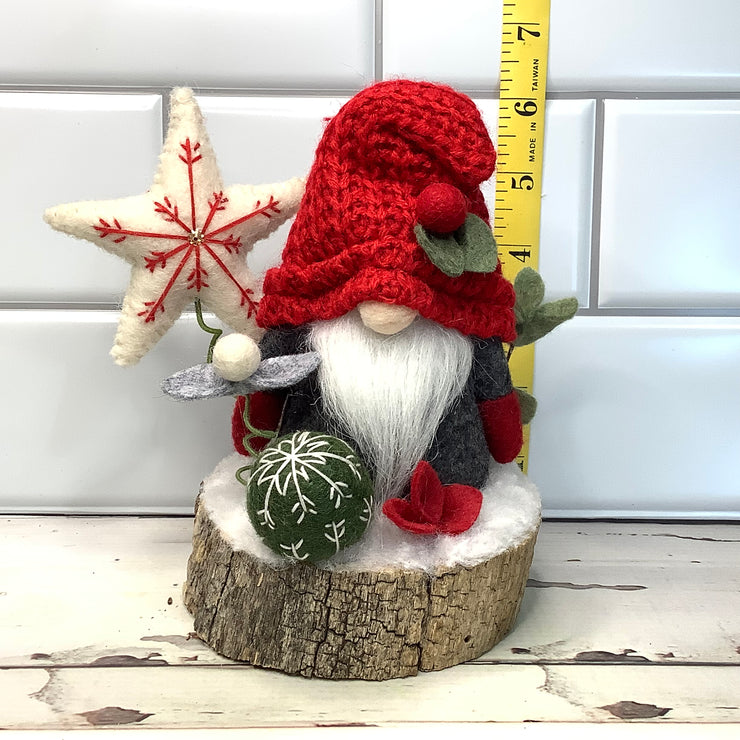 Grey & Red Gnome, White Star & Flora on Natural Tree Stump/Christmas