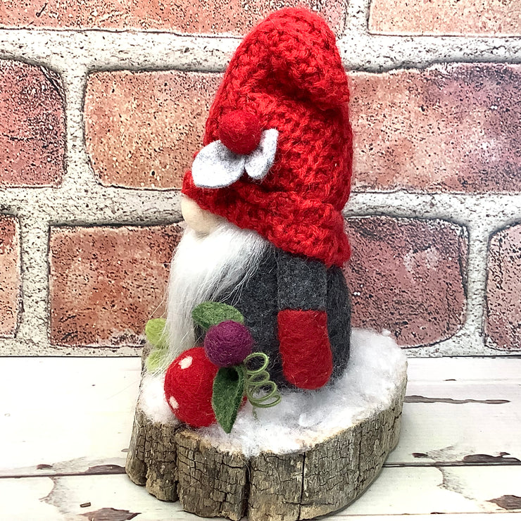 Grey & Red Gnome & Flora on Natural Tree Stump/Christmas