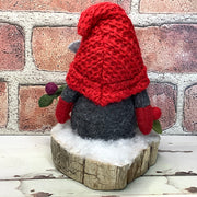 Grey & Red Gnome & Flora on Natural Tree Stump/Christmas