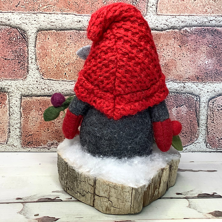 Grey & Red Gnome & Flora on Natural Tree Stump/Christmas