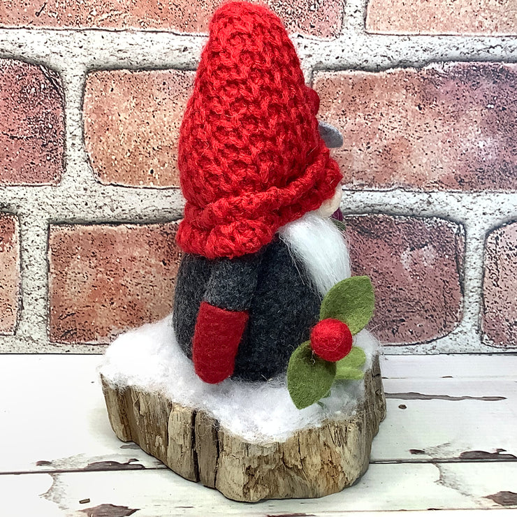 Grey & Red Gnome & Flora on Natural Tree Stump/Christmas