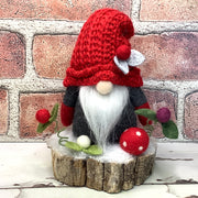 Grey & Red Gnome & Flora on Natural Tree Stump/Christmas