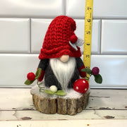 Grey & Red Gnome & Flora on Natural Tree Stump/Christmas