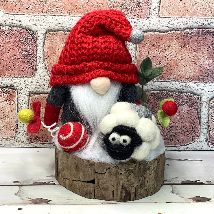 Grey & Red Gnome, Sheep & Flora on Natural Tree Stump/Christmas