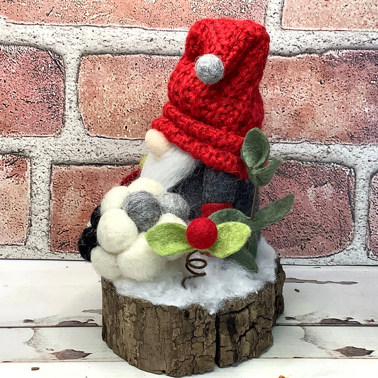 Grey & Red Gnome, Sheep & Flora on Natural Tree Stump/Christmas