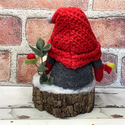 Grey & Red Gnome, Sheep & Flora on Natural Tree Stump/Christmas