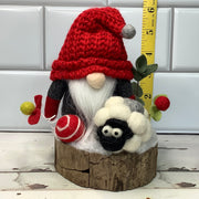 Grey & Red Gnome, Sheep & Flora on Natural Tree Stump/Christmas