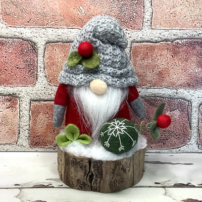 Red & Grey Gnome & Flora on Natural Tree Stump/Christmas