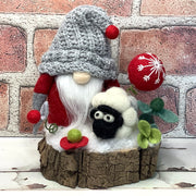 Red & Grey Gnome, Sheep & Flora on Natural Tree Stump/Christmas