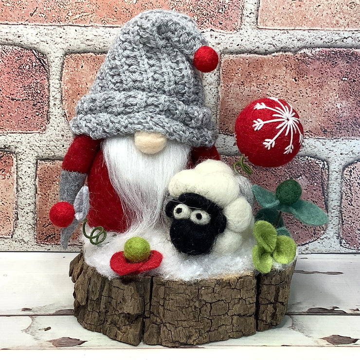 Red & Grey Gnome, Sheep & Flora on Natural Tree Stump/Christmas