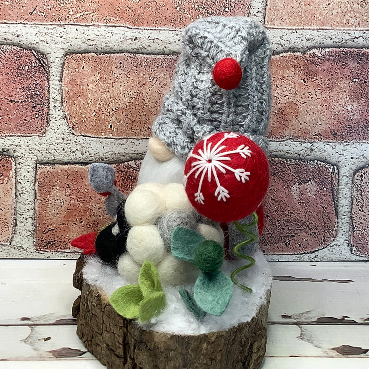 Red & Grey Gnome, Sheep & Flora on Natural Tree Stump/Christmas