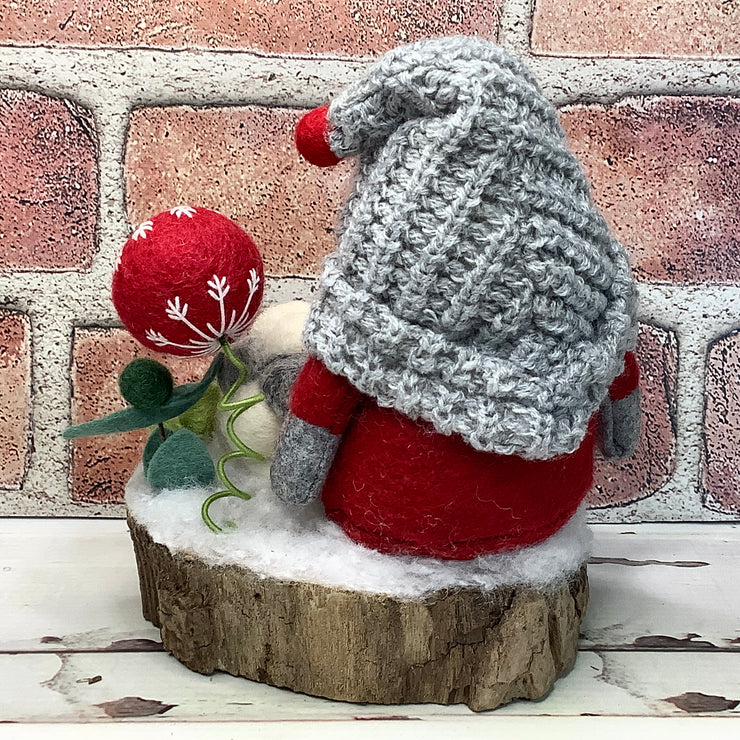 Red & Grey Gnome, Sheep & Flora on Natural Tree Stump/Christmas