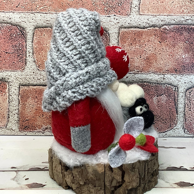 Red & Grey Gnome, Sheep & Flora on Natural Tree Stump/Christmas