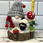 Red & Grey Gnome, Sheep & Flora on Natural Tree Stump/Christmas