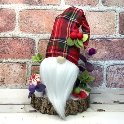 Red Tartan Plaid Gnome & Flora on Natural Tree Stump/Christmas