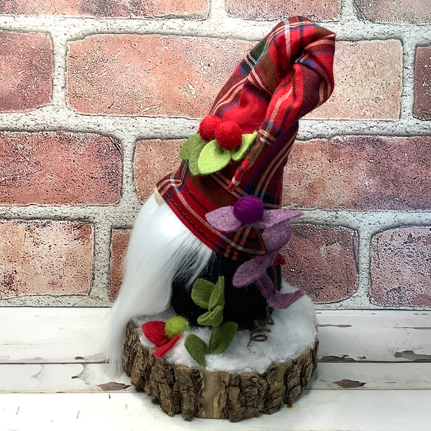 Red Tartan Plaid Gnome & Flora on Natural Tree Stump/Christmas