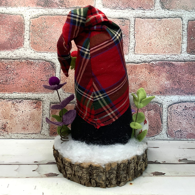 Red Tartan Plaid Gnome & Flora on Natural Tree Stump/Christmas