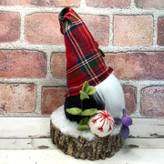 Red Tartan Plaid Gnome & Flora on Natural Tree Stump/Christmas