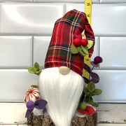 Red Tartan Plaid Gnome & Flora on Natural Tree Stump/Christmas