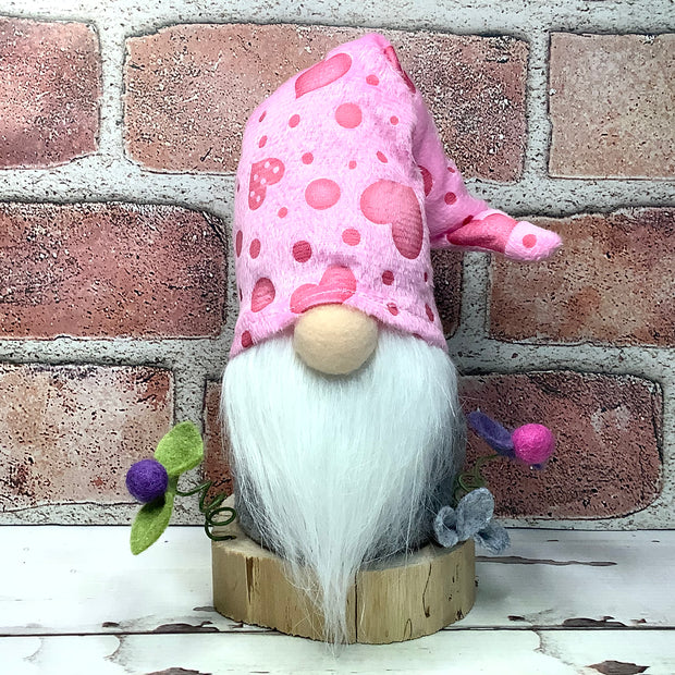 Valentine Gnome & Flora on Natural Wood Base