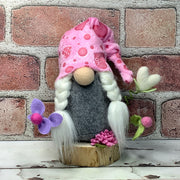 Valentine Gnome, Heart & Flora on Natural Wood Base