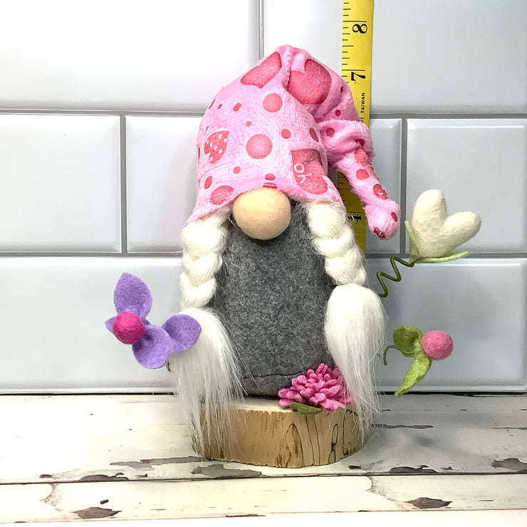 Valentine Gnome, Heart & Flora on Natural Wood Base