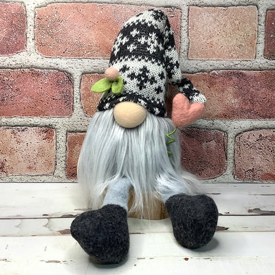 Grey Knit Cap Gnome & Blush Heart on Natural Wood Base