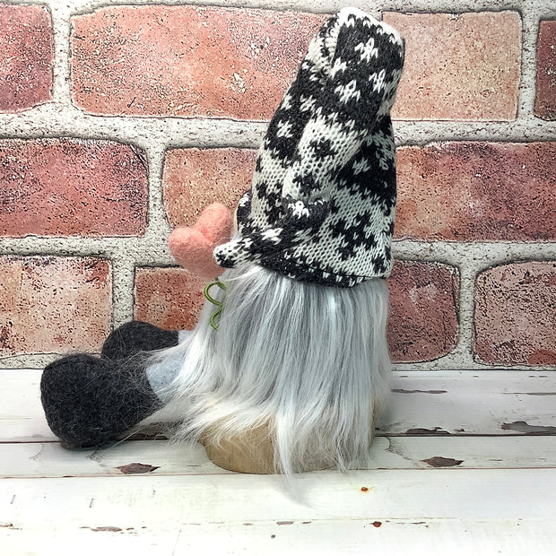 Grey Knit Cap Gnome & Blush Heart on Natural Wood Base