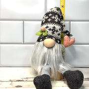 Grey Knit Cap Gnome & Blush Heart on Natural Wood Base