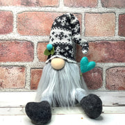 Grey Knit Cap Gnome & Teal Heart on Natural Wood Base