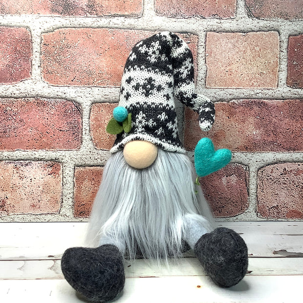 Grey Knit Cap Gnome & Teal Heart on Natural Wood Base