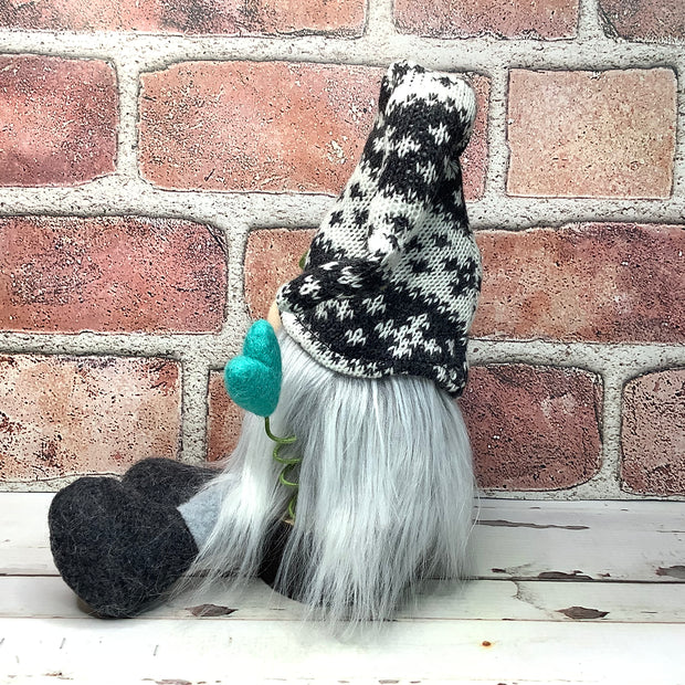 Grey Knit Cap Gnome & Teal Heart on Natural Wood Base