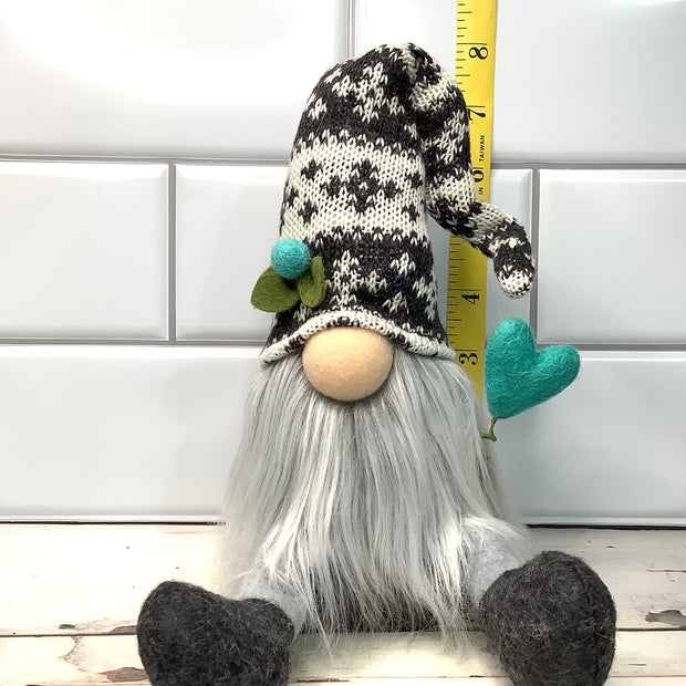 Grey Knit Cap Gnome & Teal Heart on Natural Wood Base